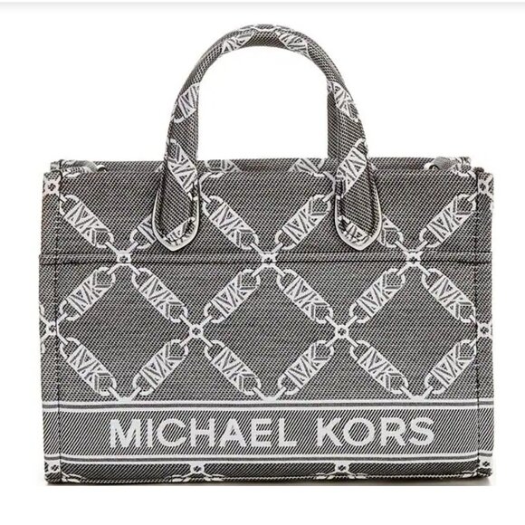 NWT Michael Kors Gigi Small E/W Empire Logo Chain Tote Bag - Black/ Optic White